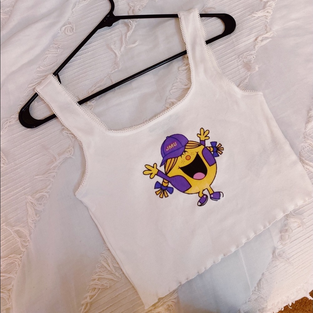 custom JMU white crop top